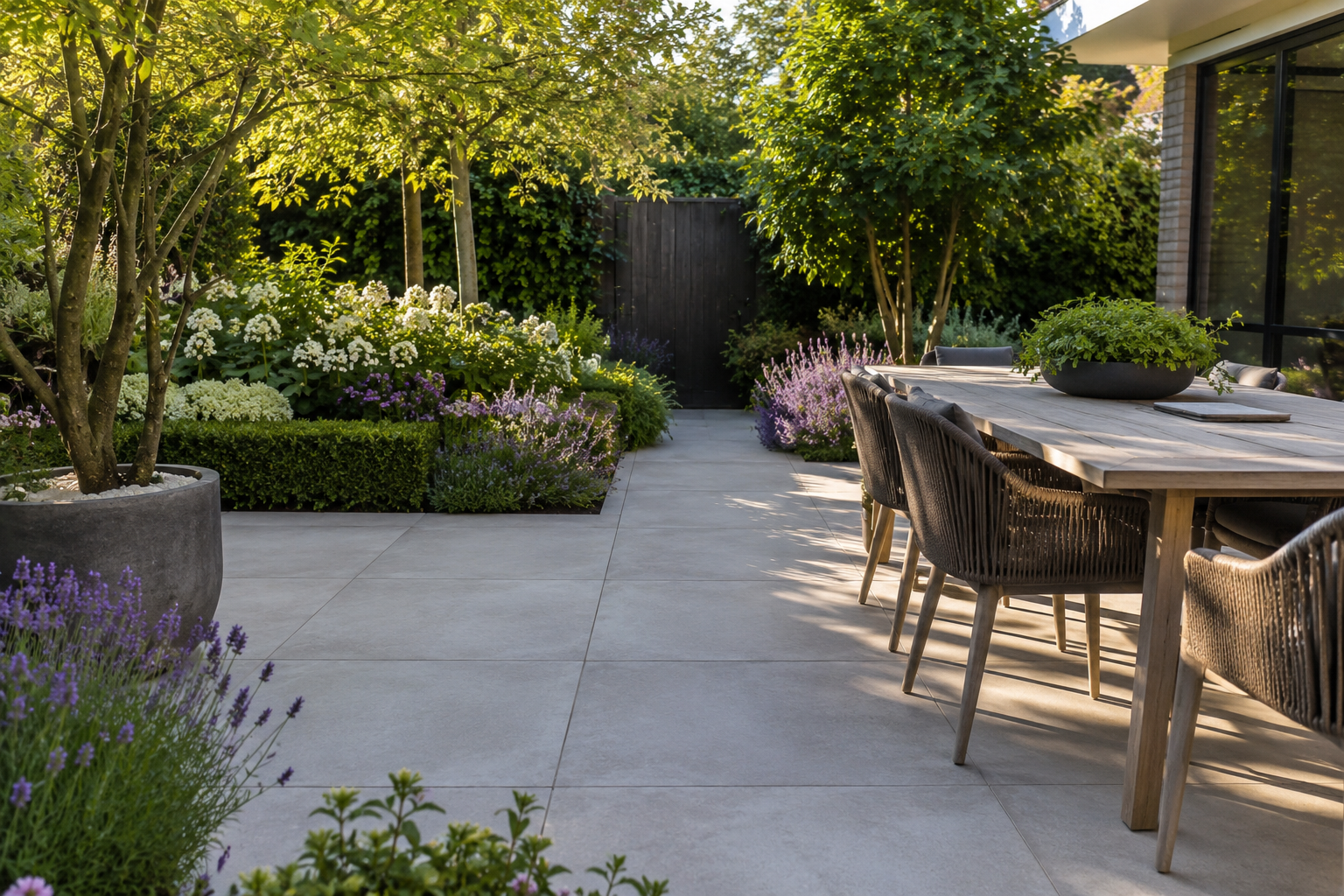 Modern keramisch terras met bestrating aangelegd door Franke Tuinen