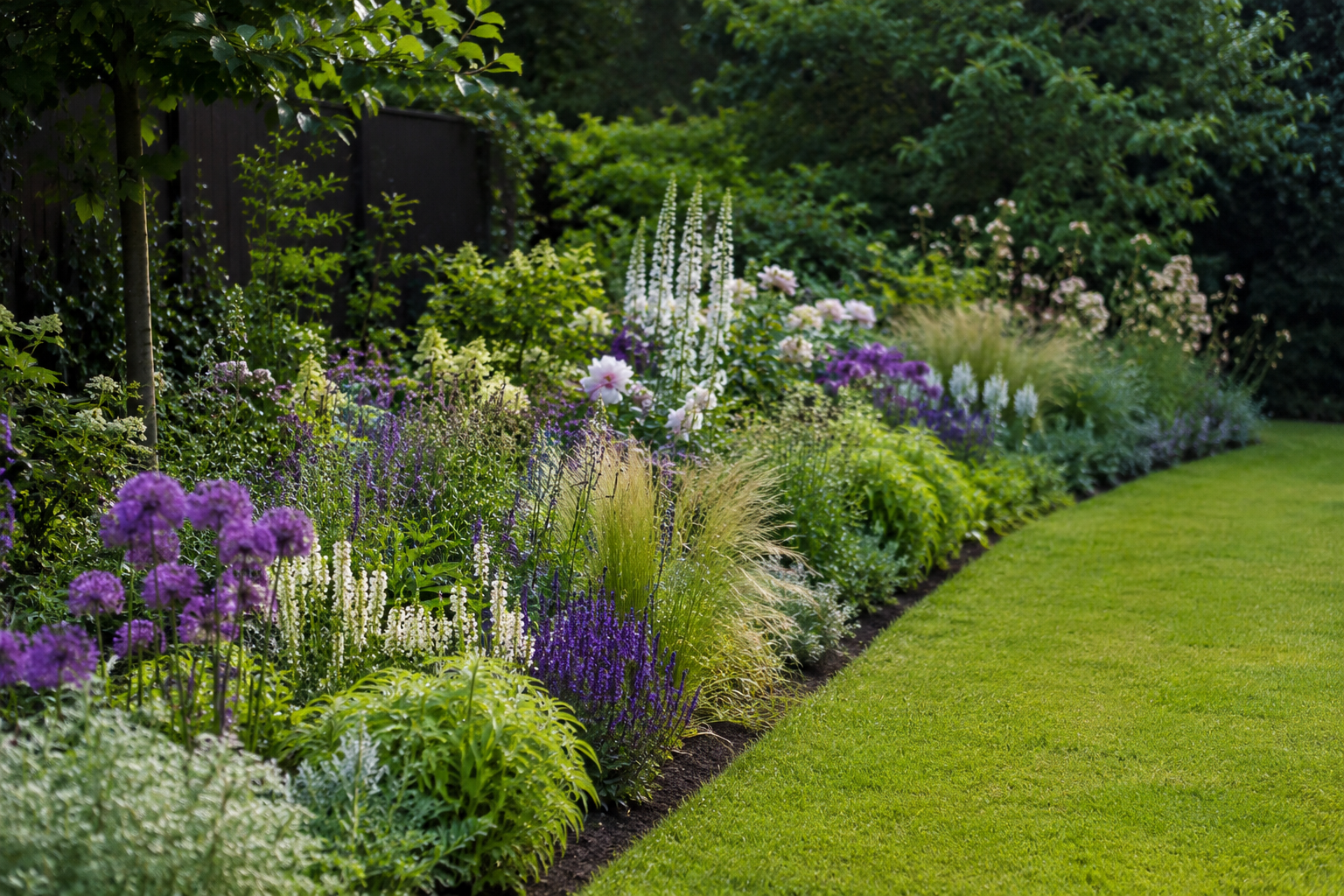 Kleurrijke border met alliums en siergras aangelegd door Franke Tuinen